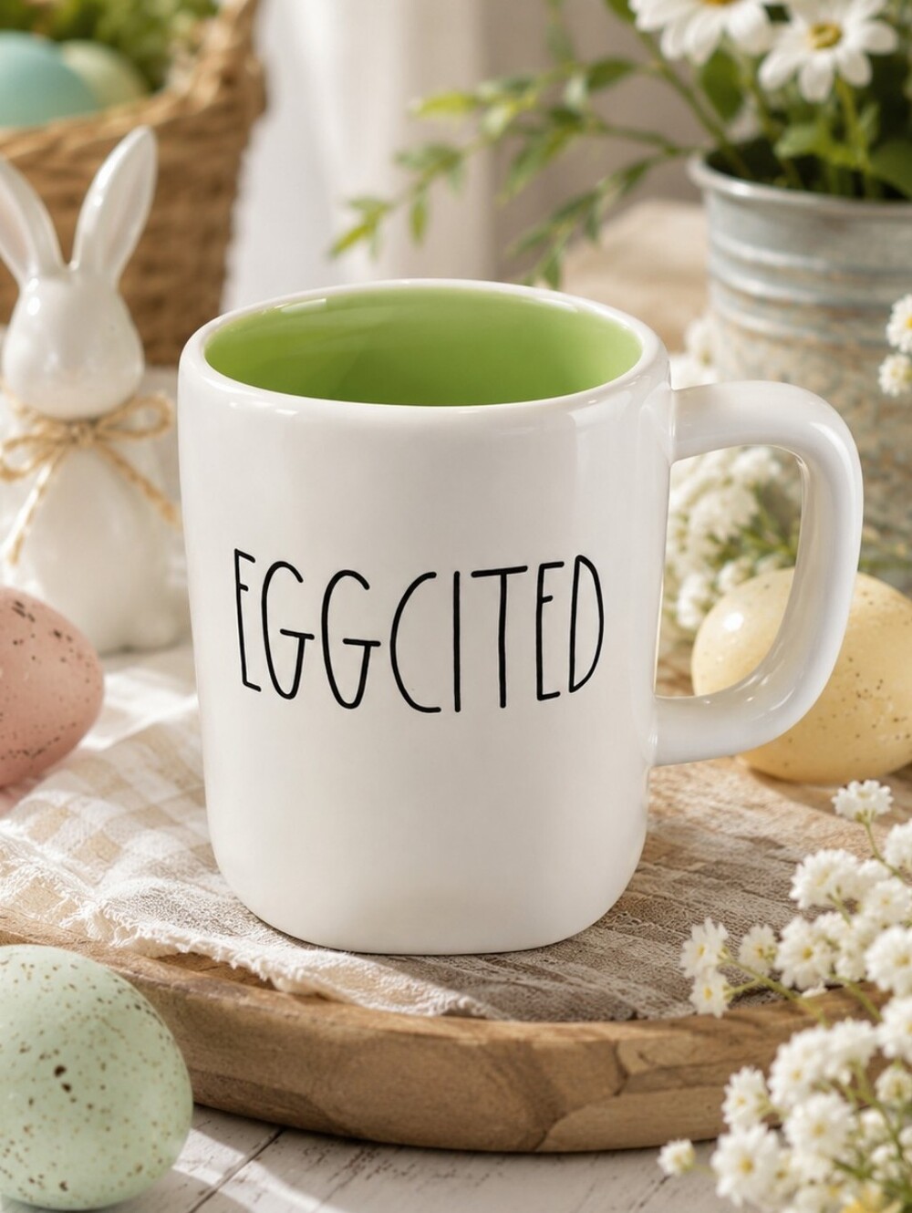 Rae Dunn EGGCITED Easter Mug Green Interior Farmhouse Coffee Cup